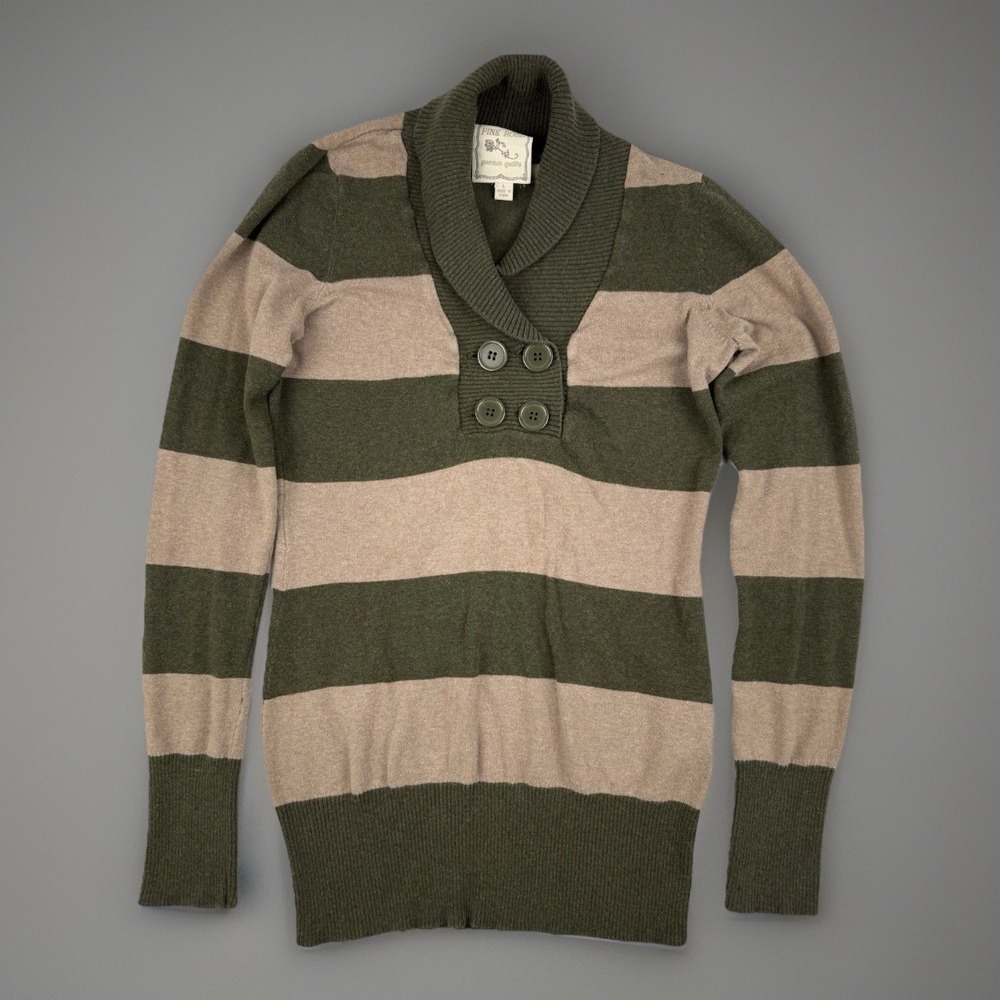 Pink Rose Striped Shawl Collar Sweater Tunic L Olive Taupe Cozy